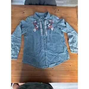 Orvis Womens Denim Shirt Embroidered Floral Pearl Snap Button Long Sleeve M